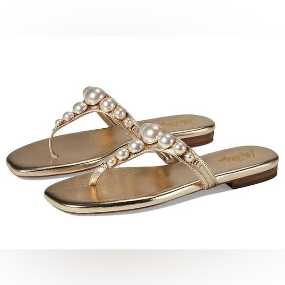 Lilly Pulitzer Cloe Gold Sandals with Pearl Embellishments - Picture 2 of 7